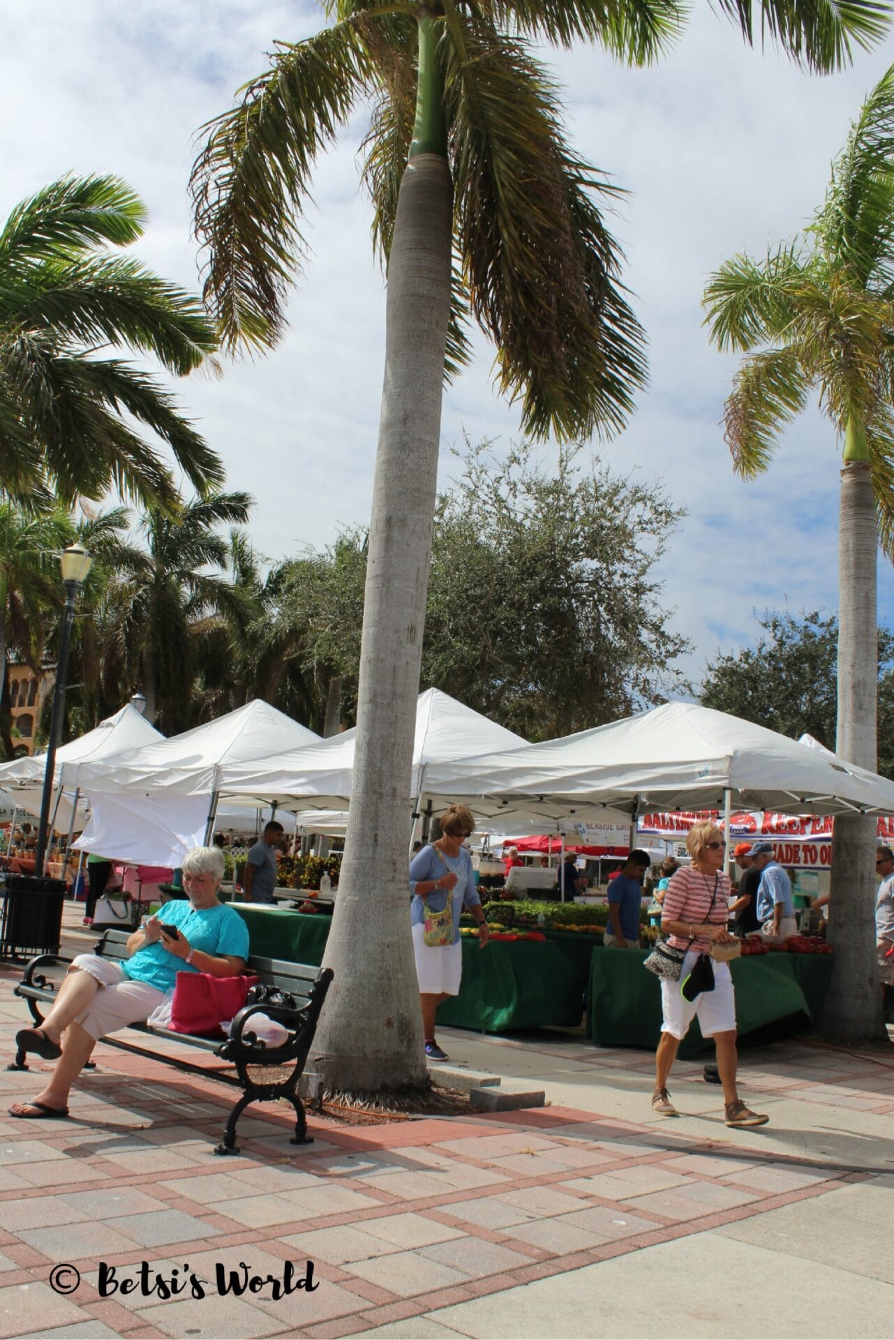  Palm trees and cloudy skies at Fort Pierce Farmers' Market with produce stands and people standing and sitting on benches. A great farmers' market for a weekend trip.