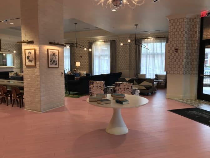 Beautiful wire brushed pink oak floors at The Graduate Hotel in Oxford, Mississippi