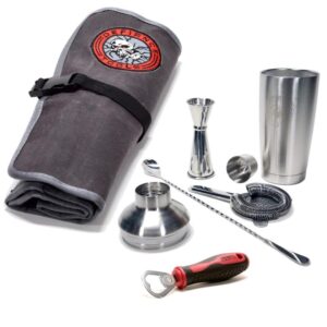 The cocktail mixologist's travel set includes 16 oz Insulated Cocktail Shaker, a 1 oz / 2 oz Japanese style double jigger, a stainless steel Hawthorne strainer and a 35 cm (13.8 in) Hoffman spoon, bottle opener, and a canvas tool roll to store your mixologist set.