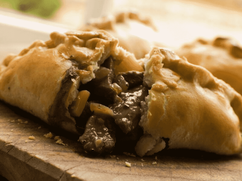 Cornish pasty filled with meat, onion, and gravy