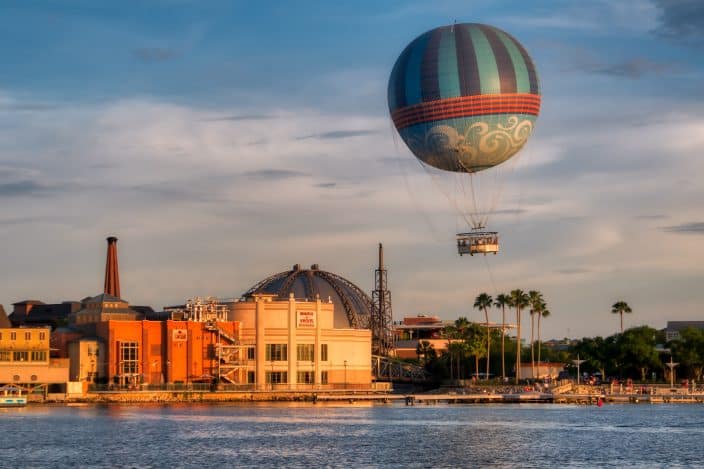 disney springs with a hot air balloon and the water a free thing to do in Orlando