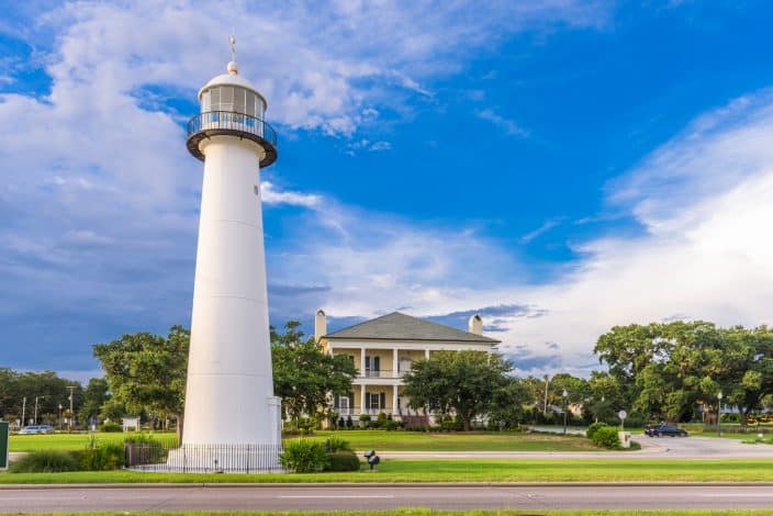 Biloxi, Mississippi USA at Biloxi Lighthouse and visitor center. A wonderful place to relax for your romantic getaway
