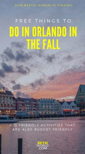 sunset on disney boardwalk with text free things to do in orlando in the fall