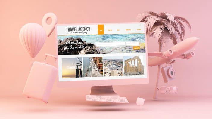 Minimal pink computer with travel agency on screen 3d rendering to use for finding vacation rentals