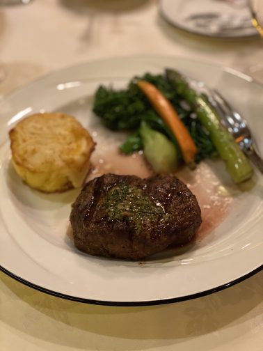 filet and scallop perfectly prepared pairs well with a champagne cocktail at Jacks Place, Rosen Plaza hotel