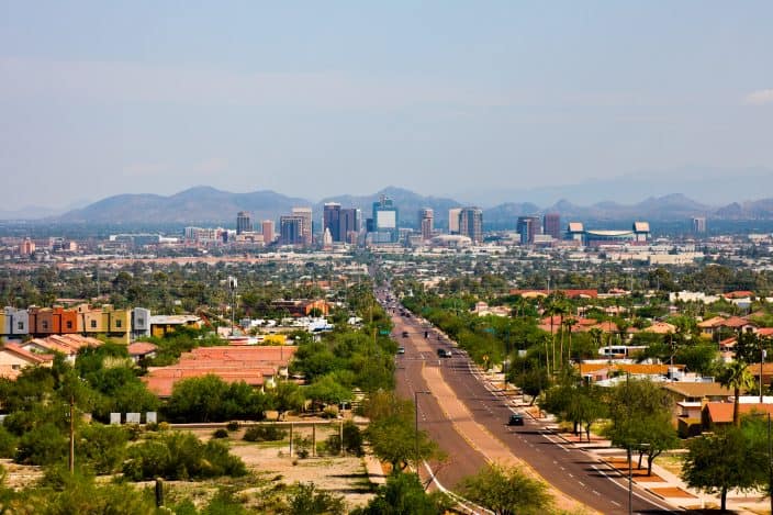 Aerial view of phoenix Arizona, one of the best cities to retire in