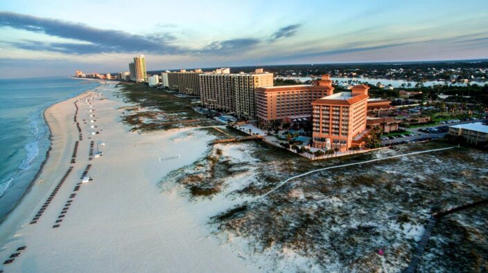 aerial view of the shoreline and beach front of orange beach, Alabama hotels