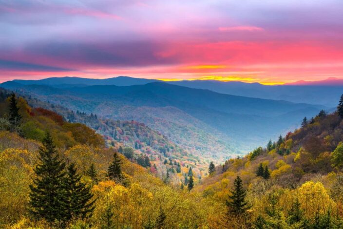 Picture of the smoky mountains at daytime with lush green trees, hills and sunrise all in one frame. 