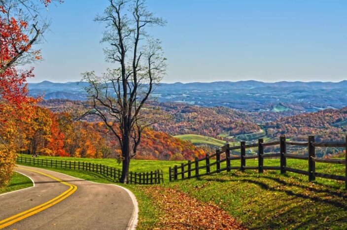 Picture of the Blue Ridge Parkway in Virginia during daytime with mountains, trees and orange leaves all in one frame. 