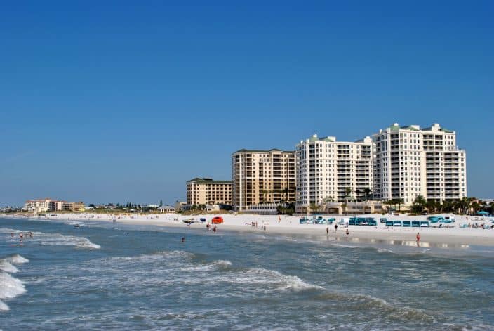 white sand beach on the Gulf of Mexico and hotels on the beach