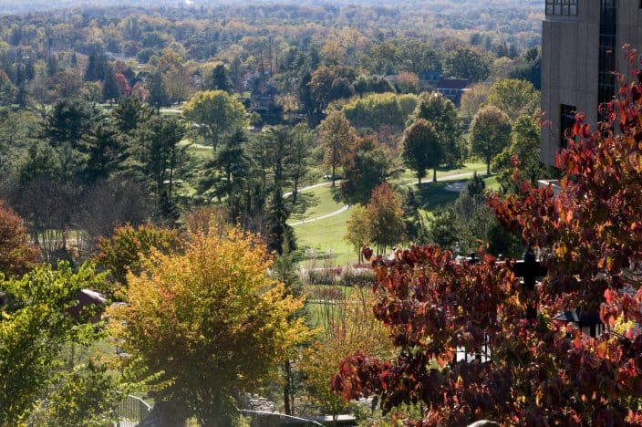 aerial view of a park in Asheville, North Carolina with green grass, autumn foliage on the trees, a stone building on the right and the sun shining through in the background, an example of romantic getaways for the weekend