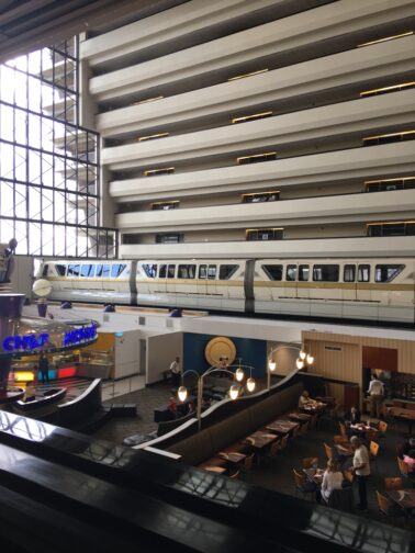 Overlooking the 4th floor of Disney's Contemporary Resort and restaurants Chef Mickey's and Contempo Cafe.