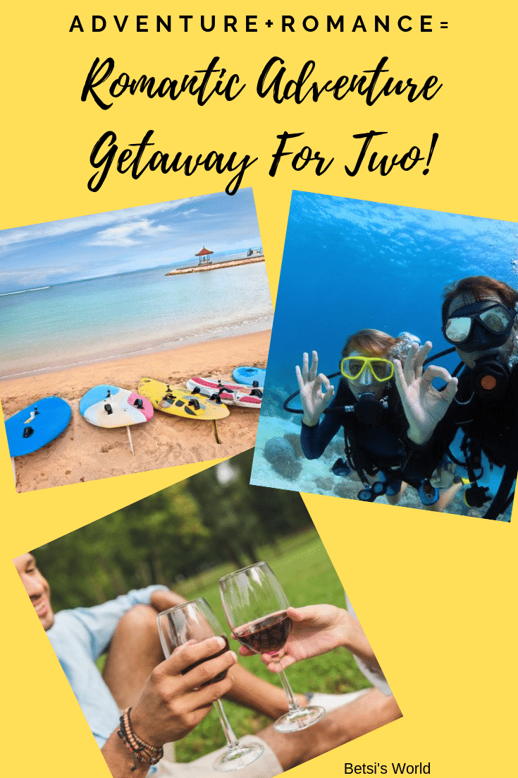 surfboards on a beach, 2 divers with ok sign, couple sharing wine in a field