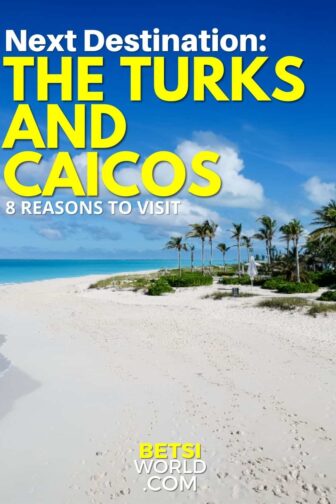 Whit sandy beach of the turks and Caicos with blue skies and green palm trees on the right. 