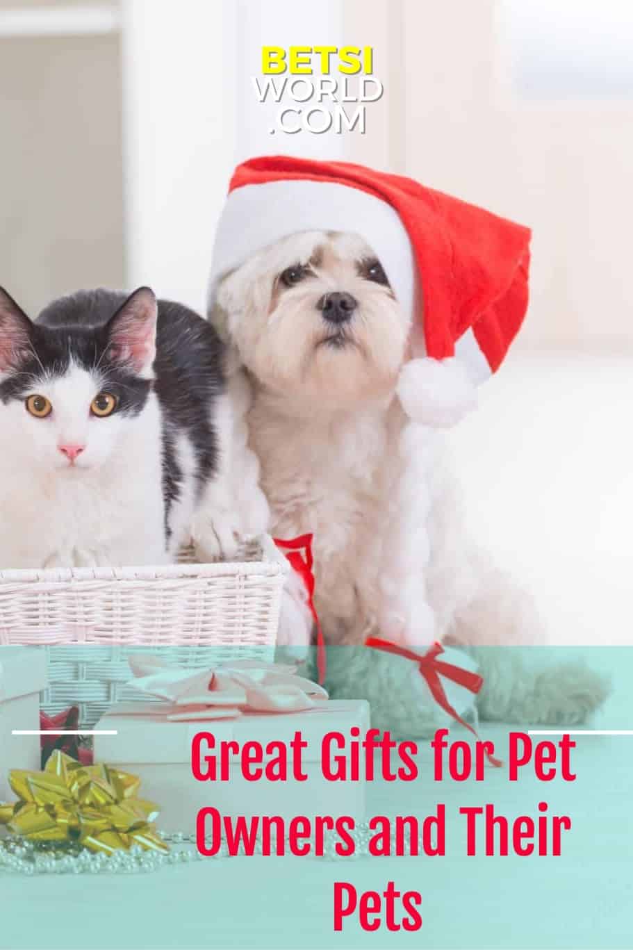 White and black cat and white dog with red and white santa hat. Great gifts for pet owners.