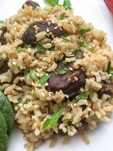 instant pot beef and rice close up on a white plate