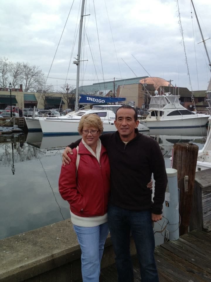 Jim & Betsi in Annapolis, MD with our new to us sailing catamaran INDIGO in the background