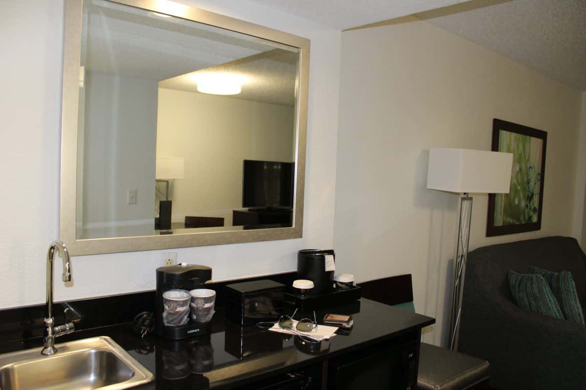 Offering two room suites, there is room for everyone to spread out. Here is the coffee bar at the Embassy Suites Disney