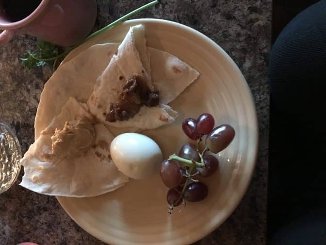 A historically biblical meal, hard boiled egg with flat bread and jam.