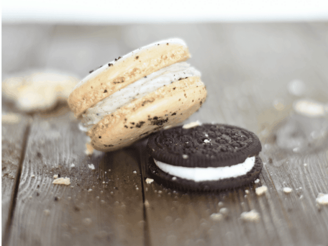 Oreo Macaroon & Oreo cooking on table with crumbs