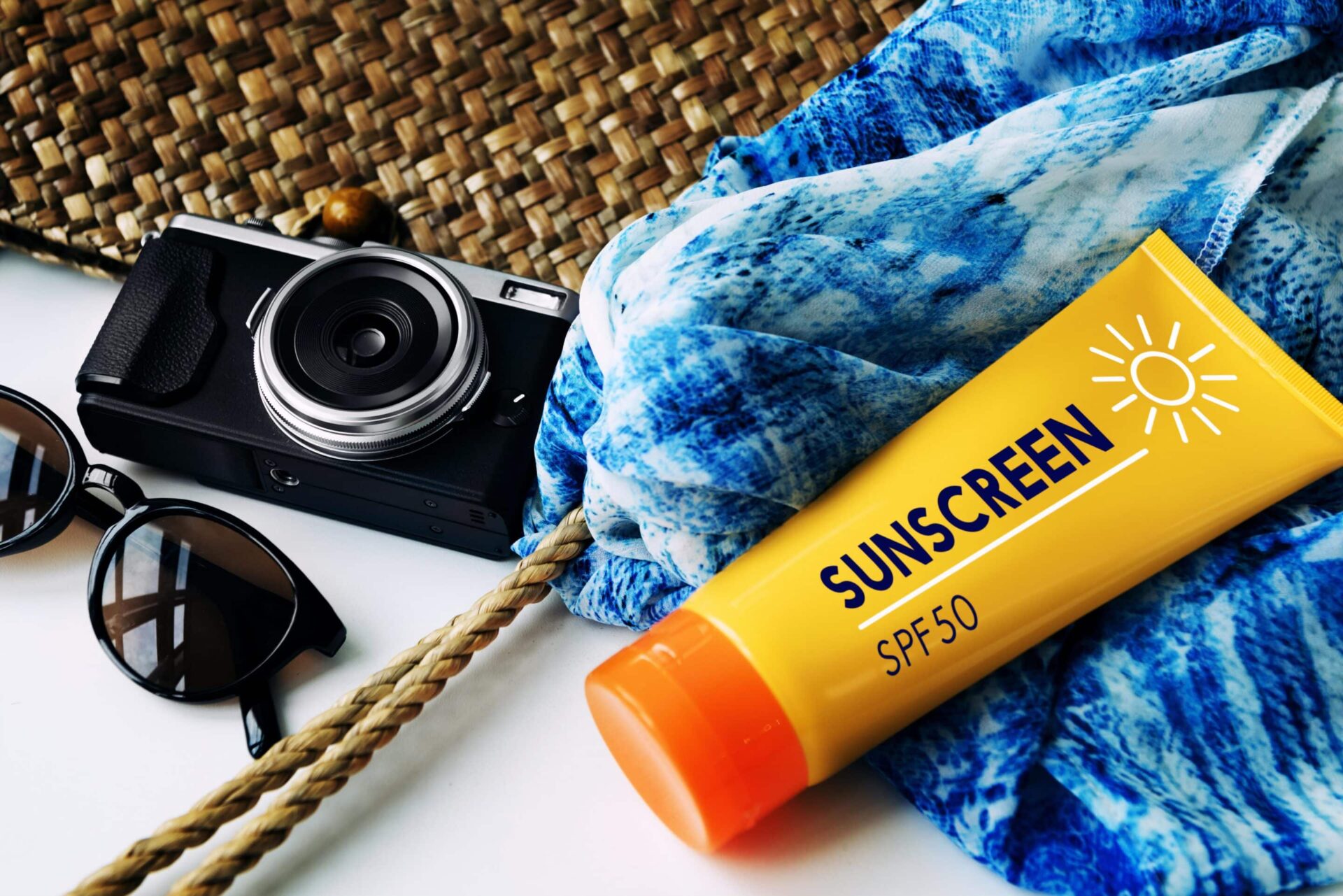 camera, sunscreen, towel, and sunglasses