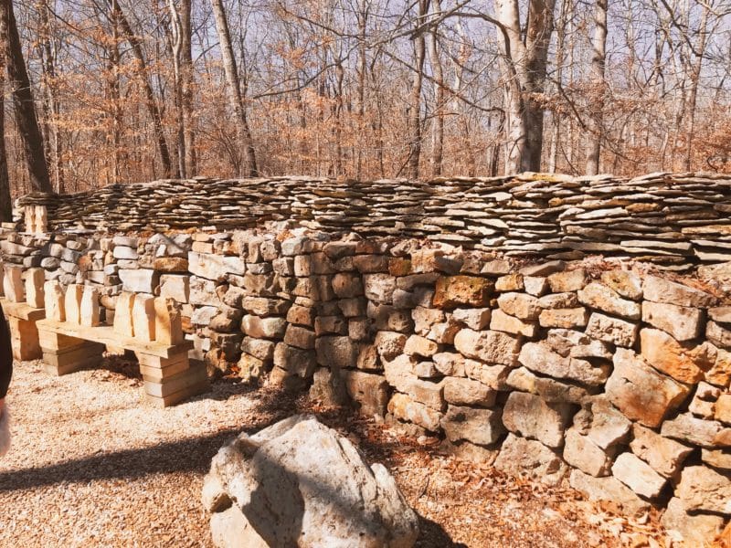 wall made of stone, on a leafy floor, with bare trees in background