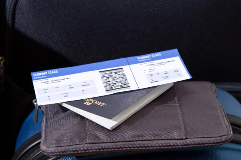 Airline ticket, passport and luggage, ready to travel