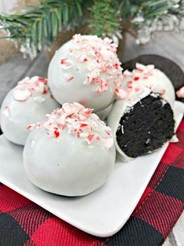 oreo truffles candy cane topped and dipped in white chocolate