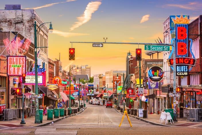 Blues Clubs on Beale Street in Memphis at dawn. A fun romantic adventure on your vacation