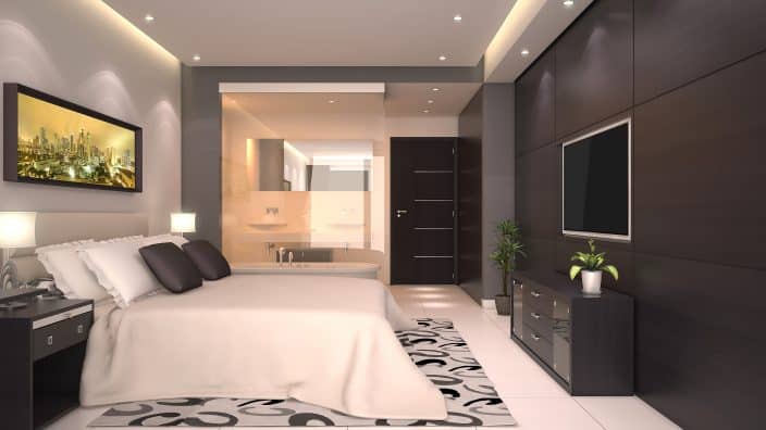 bright modern interior of hotel room where you can stay on your romantic staycation