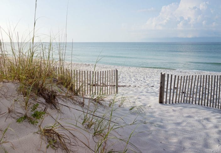 Landscape of dunes, beach and ocean at sunrise on the Gulf of Mexico. There are no travel restrictions on Florida beaches