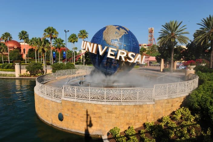 Universal Studios theme park entrance with globe and sign, an example of what to do while in Kissimmee