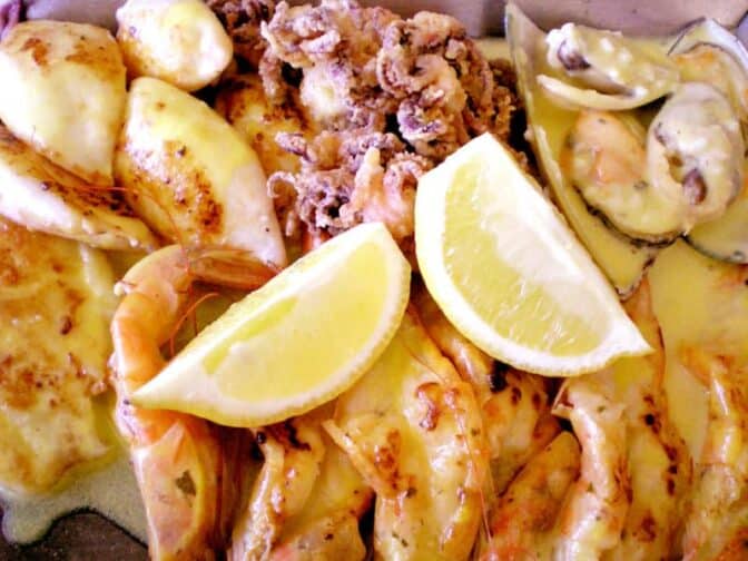 Flagler Beach Seafood, fresh shrimp and calamari with lemon slices