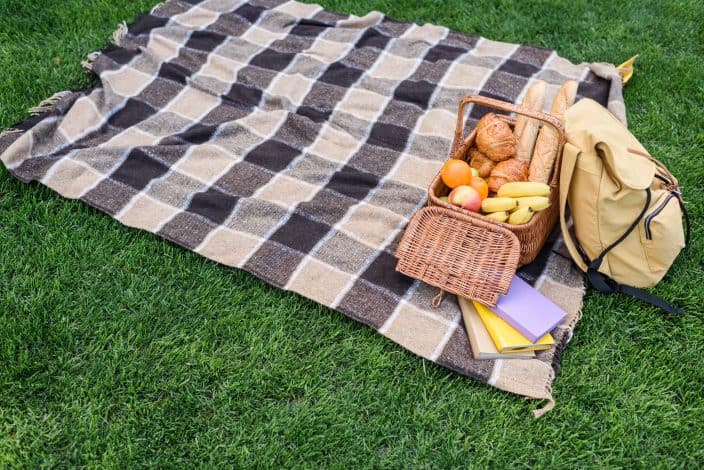 Picture of picnic basket open with fruits and bread inside with backpack placed on a black and white checkered picnic sheet on the green grass. 