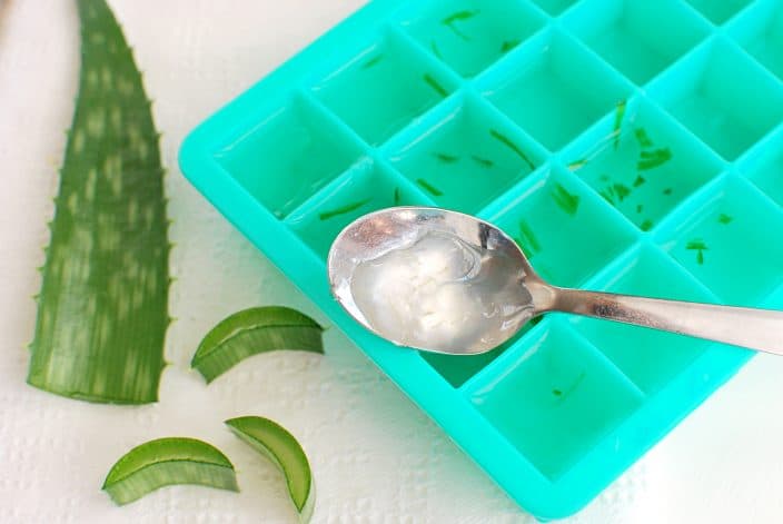 frozen aloe vera in an green silicone ice tray with aloe vera plant on the side to represent a beach hack for sunburns. 