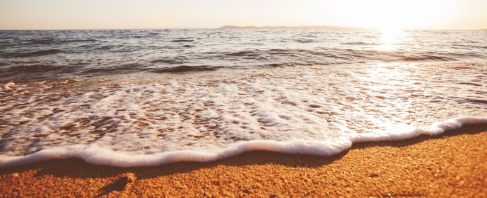 picture of a seashore with bubbly waves, shiny brown sand, and the sun rising from far-right. 
