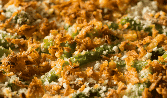 close up of the top of a bacon green bean casserole for Thanksgiving 