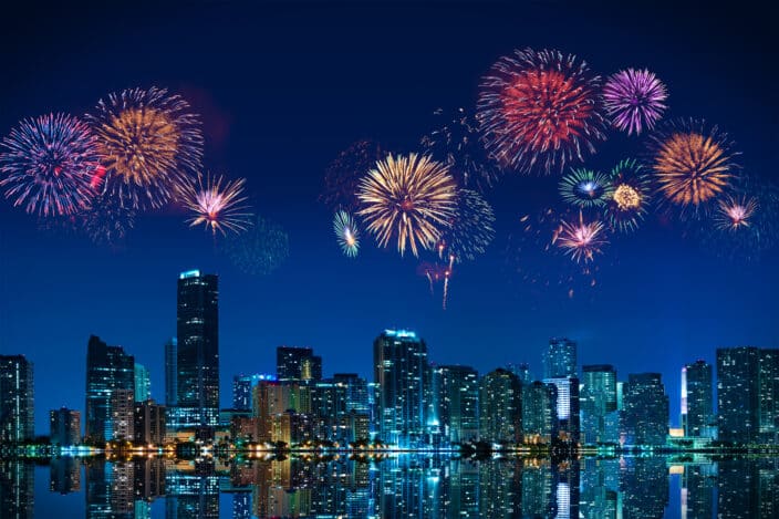 Big fireworks over the skyline of downtown Miami for New Years Eve