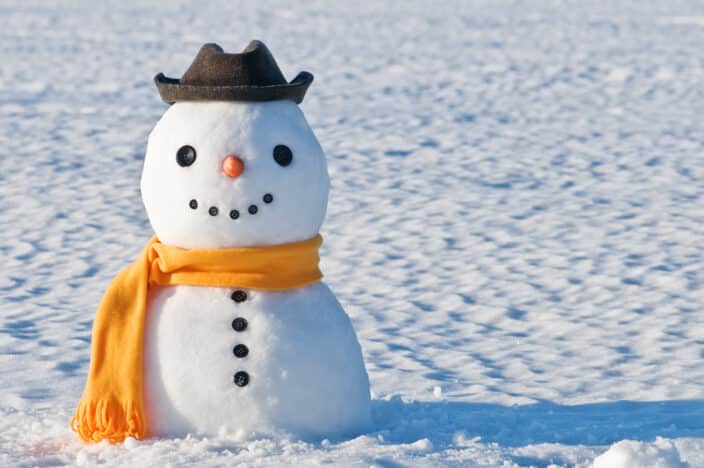a snowman with an orange scarf and hat in the snow, an example of what to do in winter