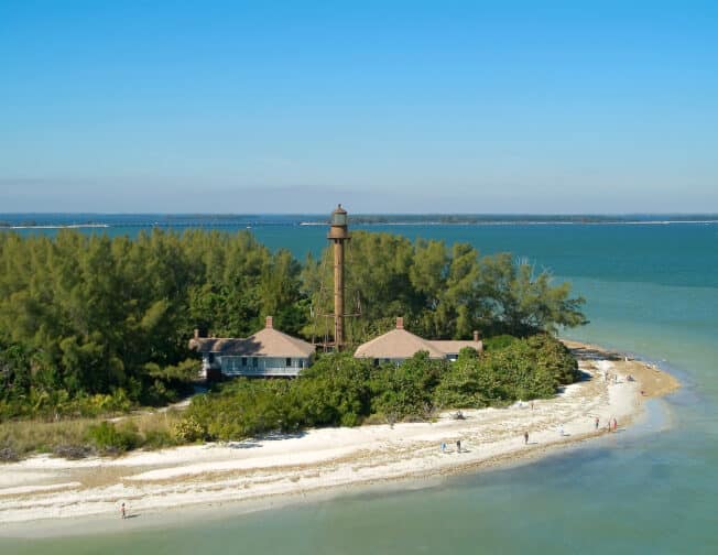 aerial view of Sanibel Island lighthouse, one of the best romantic getaways in Florida