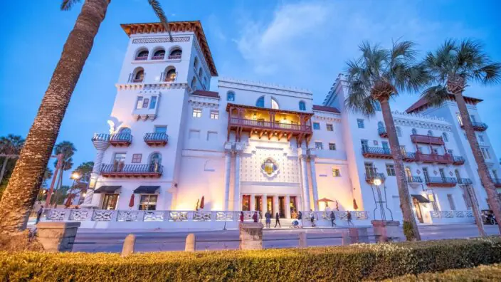 The Casa Monica in St. Augustine at night the perfect destination for a Mother's Day weekend getaway in Florida