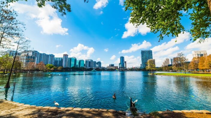 Lake Eola, Orlando on a sunny day with blue skies, a great place for Mother's Day 2022