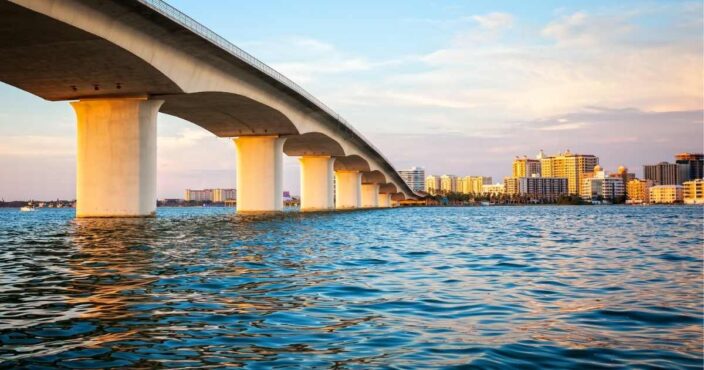 Sarasota Bay with the Ringling Bridge and skyline, an example of a mother's day 2022 weekend getaway in Florida