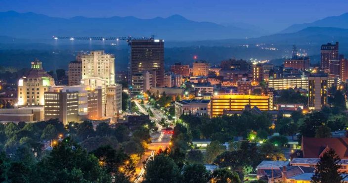 Aerial view of Asheville, North Carolina one of the best cheap romantic getaways