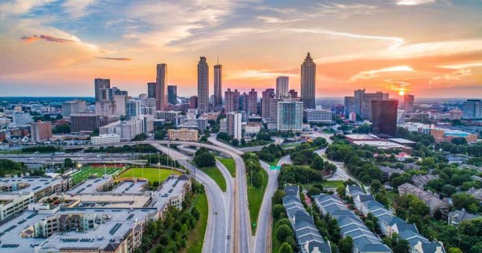 aerial view of a cityscape of Atlanta, Georgia  during sunset, a great affordable romantic getaway destination