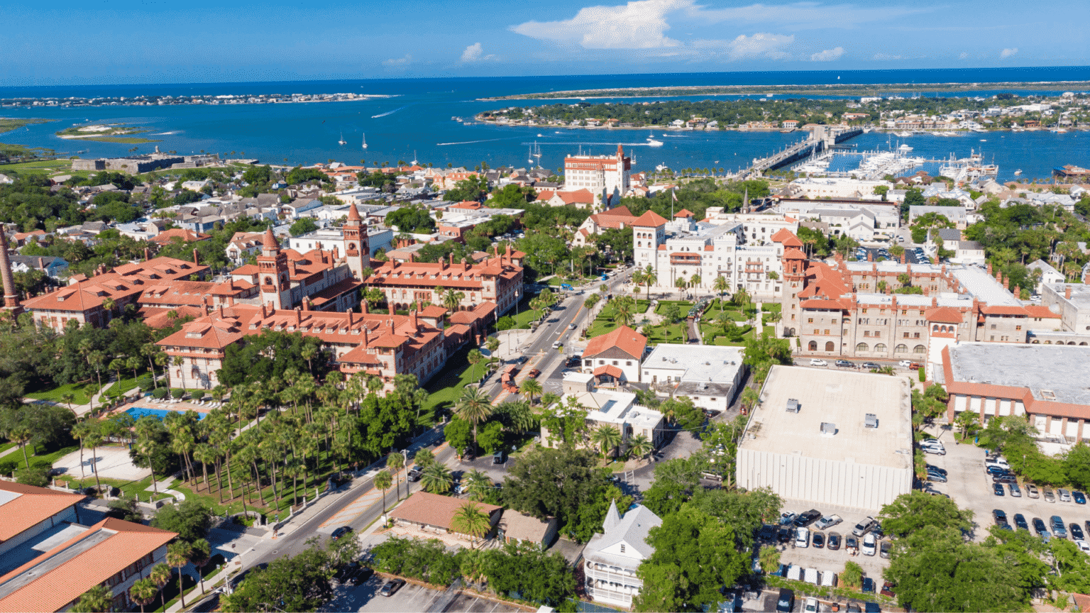 overhead view of red tile roofs by the water