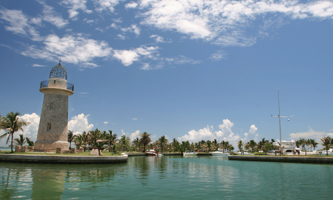 Elliot Key In Biscayne Park National Park with light blue skies, palm trees, light blue water and boats