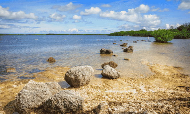 John Pennekamp state park in Key largo with light blue skies, water, rocks a great place for snorkeling in the Florida Keys 