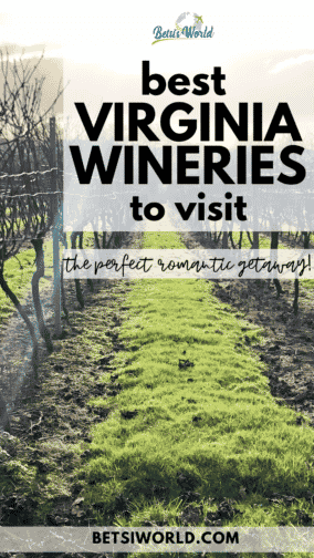 a Virginia vineyard in winder with green grass and a cloudy sunset sky with words that say best Virginia wineries to visit, the perfect romantic getaway