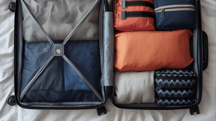 Neatly packed suitcase with color-coordinated packing cubes showing organized travel essentials — the calm, efficient result of smart packing tips for the holidays.